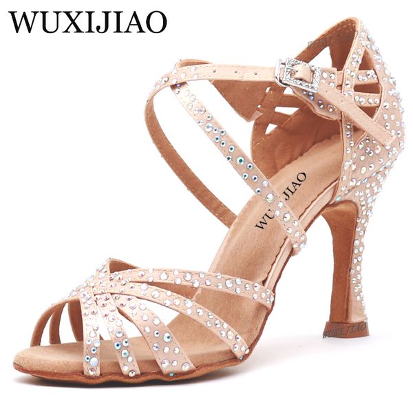 

dance shoes wuxijiao women party satin shining rhinestones soft bottom latin dance shoes woman salsa dance shoes heel5cm-10cm 230729