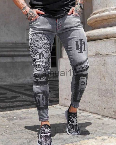 

men's jeans men's stretch denim feet slim slimming printedletters gray jeans men slim-fit feet pants casual stretch tight-fitting, Blue
