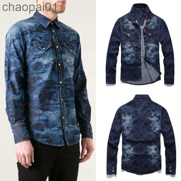 

painted men camouflage denim shirt male long sleeve casual slim fit, White;black