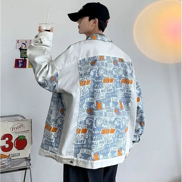 

mens jackets autumn european american style personality high street jean jacket ins trend hiphop versatile loose casual patchwork 230729, Black;brown