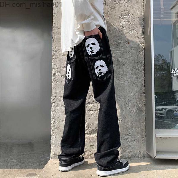 

men's pants hip hop printed jeans men's bag black denim trousers straight pants spring fashion korean street clothing men's b