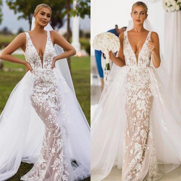 

overskirts bohemian sheath wedding dresses with detachable train 2020 deep v neck floral lace garden coutry bridal gowns custom ma301s, White