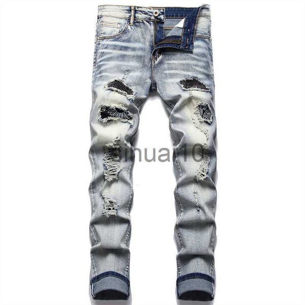 

men's jeans men's retro blue jeans ripped trendy stretch slim pants versatile male trousers fashion printed cat beard j230728