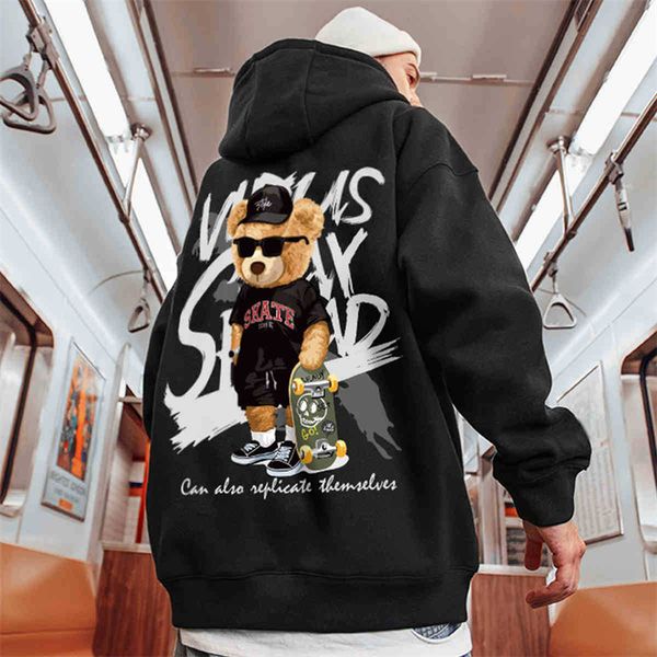 

men's hoodies sweatshirts skate bear anime print men and women oversize streetwear harajuku fasion casual hooded sweatshirt y2k hoodie, Black
