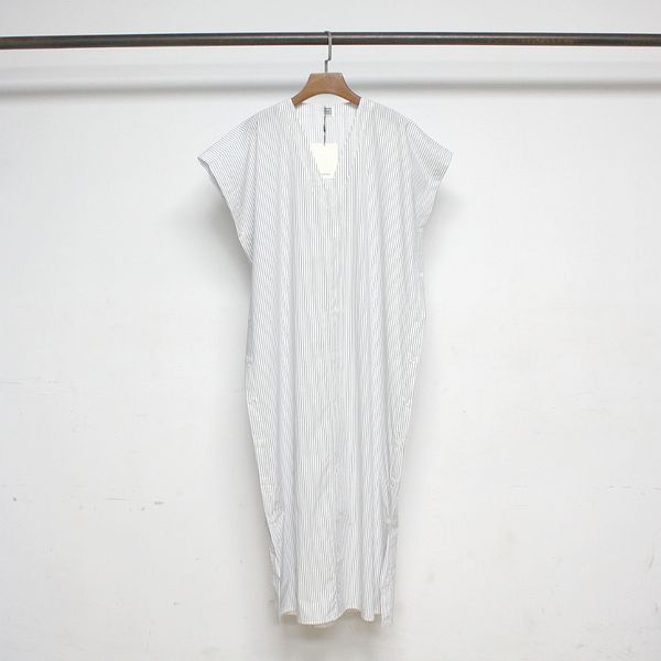 

new t-oteme navy striped cotton blend long v-neck short sleeved dress loose sleeveless dress, Black;gray