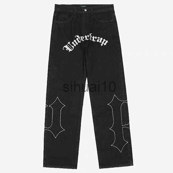 

men's jeans y2k retro high street hip hop vibe black jeans men and women loose printing street mopping trousers casual jeans ins tide b, Blue