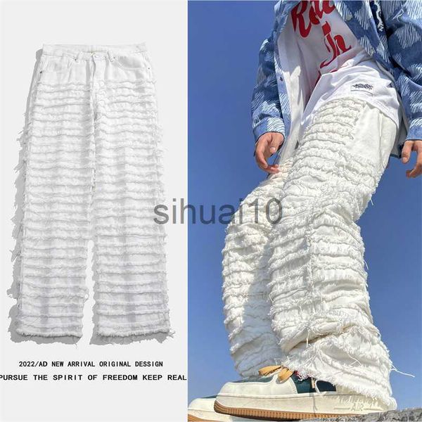 

men's jeans white hip hop jeans striped tassel frayed straight baggy jeans pants harajuku male female solid streetwear casual denim tro, Blue