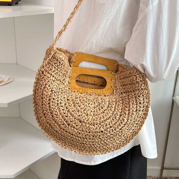

totes fashion wooden handle women's handbag saddle cross shoulder bag large capacity latan straw bag women's summer beach bagstyli