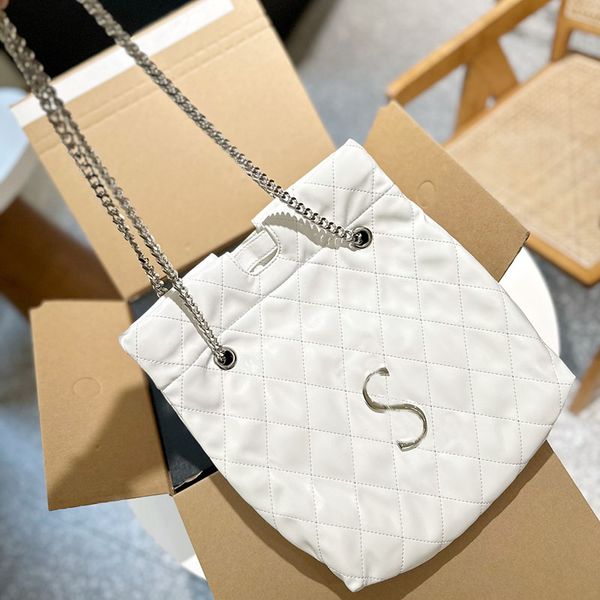 

women designer drawstring bag quilted tote silver letters metal hardware chain leather strap diamond lattice medium crossbody shoulder handb