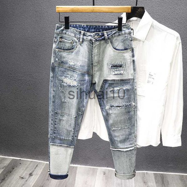 

men's jeans autumn winter new trend men's straight slim jeans ripped hole patch vintage distressed fashion splicing denim pants st, Blue