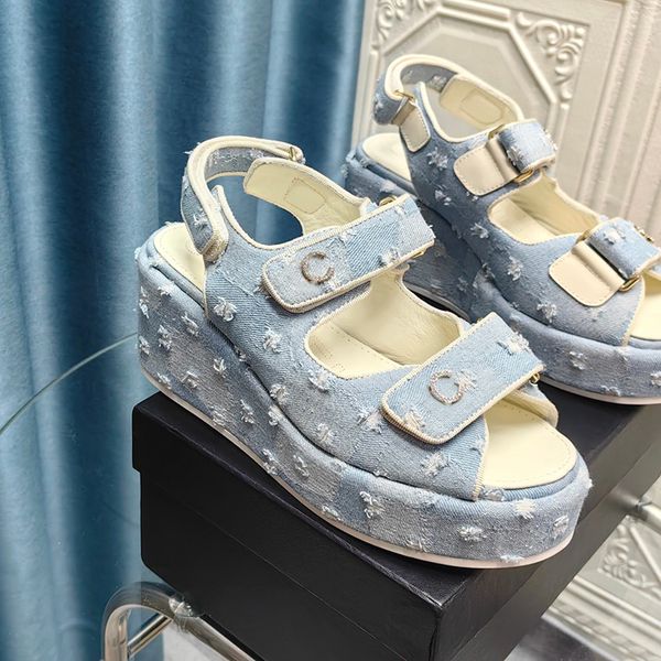 

womens sandals vintage ripped denim platform 7.5cm sandals diamond-shaped buckle classic high heels adjustable ankle buckle beach shoes prin, Black