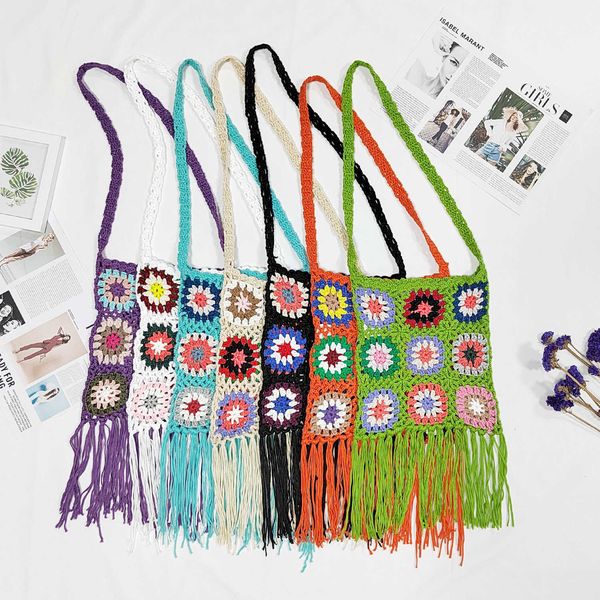 

women s single shoulder diagonal bag random mixed color tassel grandmother s plaid hand hook flower woven nationality style 230731