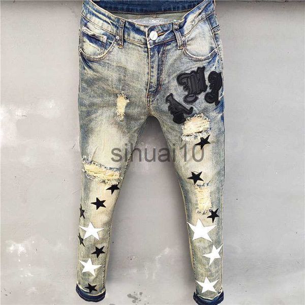 

men's jeans men jean hole patch fashion versatile ripped jeans stretch pencil pant streetwear elastic hip hop star pattern jean j230728, Blue