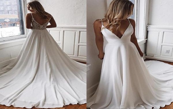 

deep v neck satin a line summer beach wedding dresses tulle lace applique beaded sweep train bridal wedding gowns bc23693895817, White