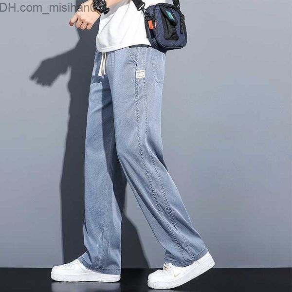 

men's pants summer soft lyocell fabric men's jeans thin loose straight drstring elastic waist korean casual trousers plus size z23, Black