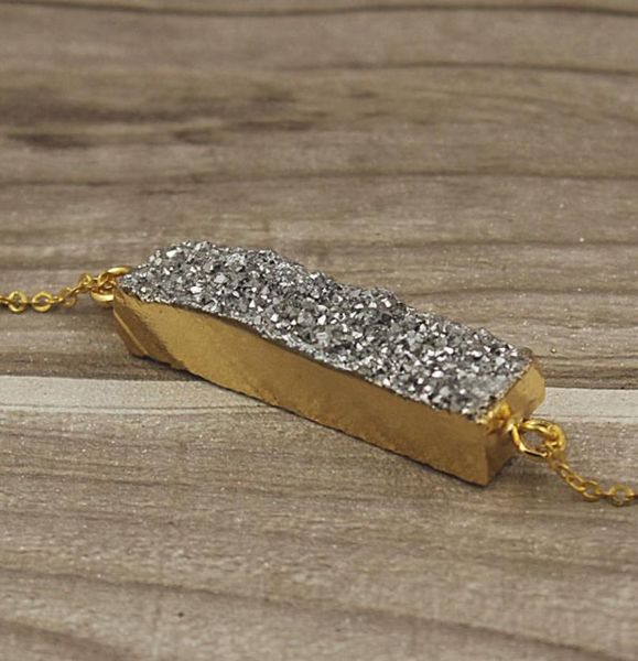 

rectangle silverblue druzy connector pendant with double bail gold plated druzy bar connectors titanium agate druzy geode jewelr7570639, Silver
