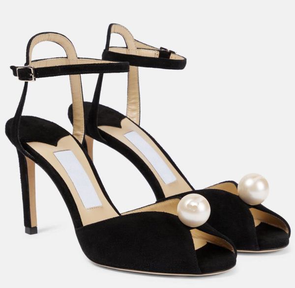 

summer women's sandals italian sacora high heels suede leather pearl decoration almond head open toe ankle buckle modern bridal wedding, Black