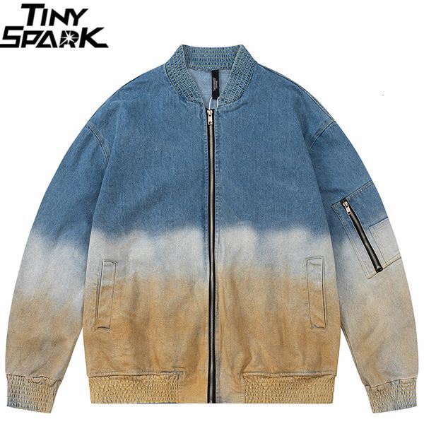 

mens jackets streetwear denim jacket gradient color retro vintage varsity coat zipper up men harajuku jeans loose hipster 230731, Black;brown