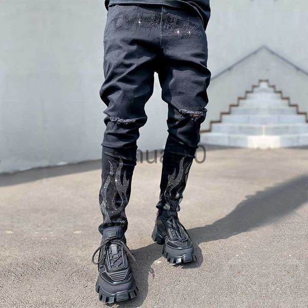 

men's jeans 2023 men's ripped drill jeans skinny jeans black stretch denim pencil pants man denim street punk slim fit biker trous, Blue
