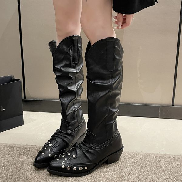 

boots lucyever punk rivets knee high boots women goth pleated pointed toe cowgirl boots woman black thick heels western botas 230729