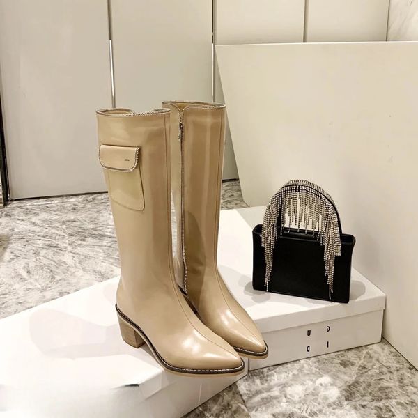 

designer boots high heels knight high boots for women pointy pocket casual chunky heels stretch slim legs fashion for women boots, Black