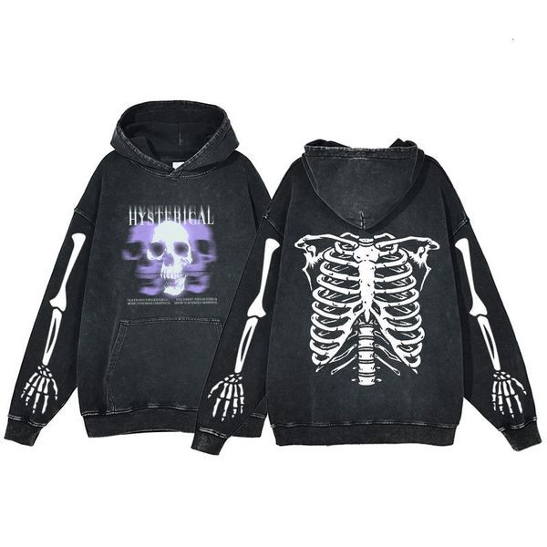 

men's hoodies sweatshirts acid washed anime hoodie men fashion skeleton printing winter streetwear oversized y2k loose casual pullovers, Black