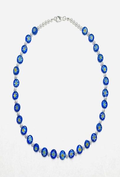 

chokers boho women blue ladies natural freshwater pearl inspired clear millefiori glass bead necklace 202226273009306965, Golden;silver