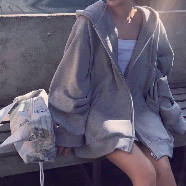 

oversized zip up hoodie women plain korean fashion simple sweatshirt pockets big size 5xl poleron baggy solid hoodie drawstring, Black