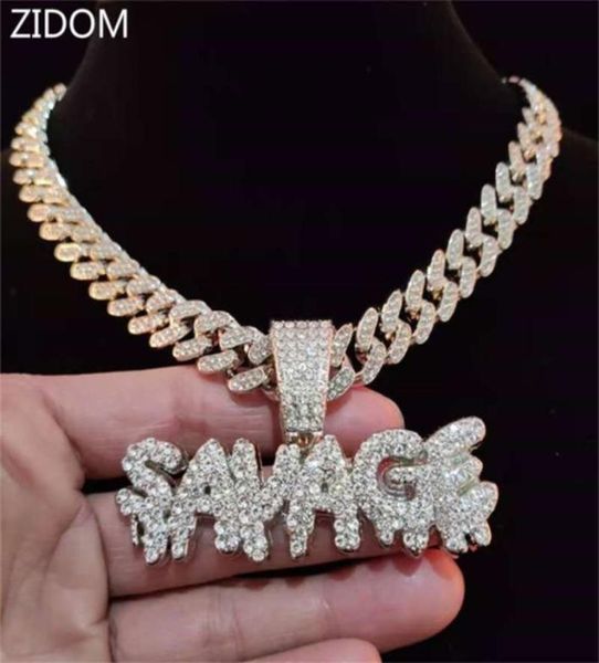

men hip hop savage letters pendant necklace with 13mm miami cuban chain iced out bling hiphop necklaces male fashion jewelry 210928989104, Silver