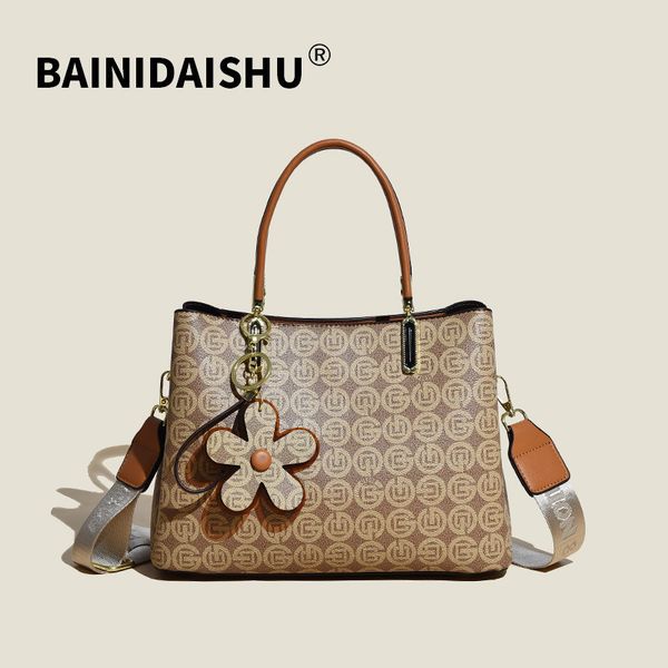 

factory wholesale ladies shoulder bags 5 colors elegant atmosphere printed handbag three-layer interlayer contrast leather tote bag retro ba