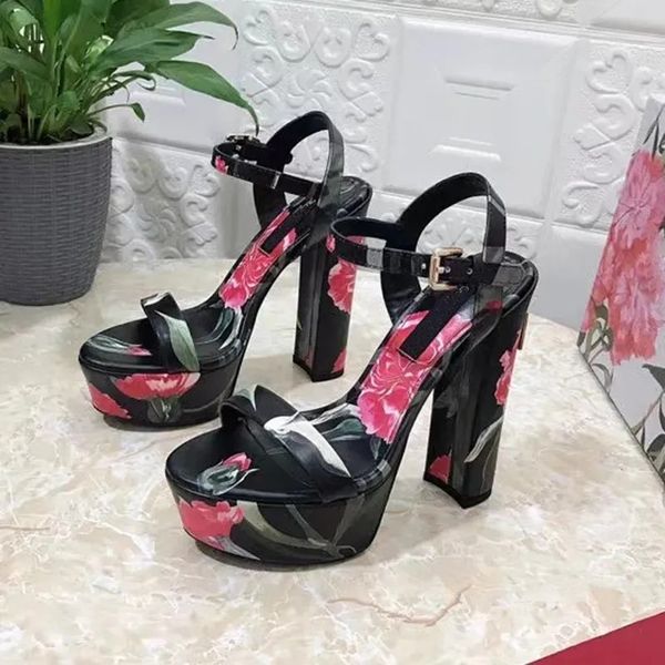 

denim sandals designer platform heel womens dress shoes fashion rhinestone buckle 3d printing decoration thick heels shoe 15cm high heeled s, Black