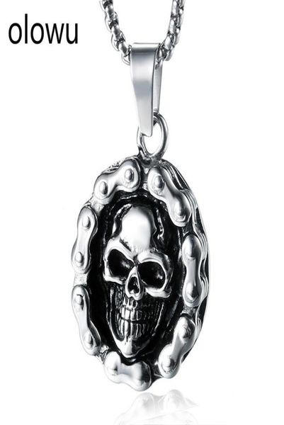 

olowu virtus mors stainless steel skull necklace men039s biker gothic bicycle chain with skull pendant necklaces costume jewelr1045425, Silver