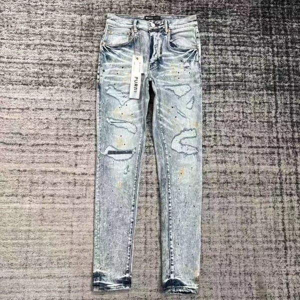 

purple jeans designer retro brand denimwomen high street paint spot slim feet micro elastic men hip-hop361, Blue