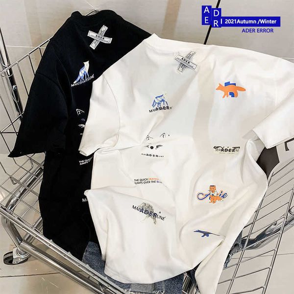 

ader error cartoon fox pattern chest letter emblem embroidered short sleeve men's and women's loose t-shirt 91bq, White