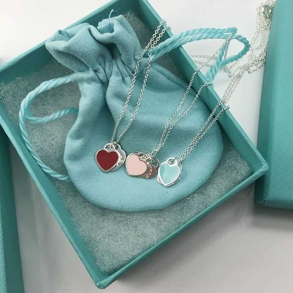 

return to necklace jewelry t s925 enamel love necklace double heart pink blue minimalist heart shaped collar chain women's simple fashi, Silver