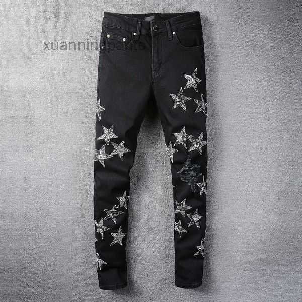 

jeans cool style luxury fashion embroidered patches denim ripped biker black blue men slim pencil jean slim fit tr3q