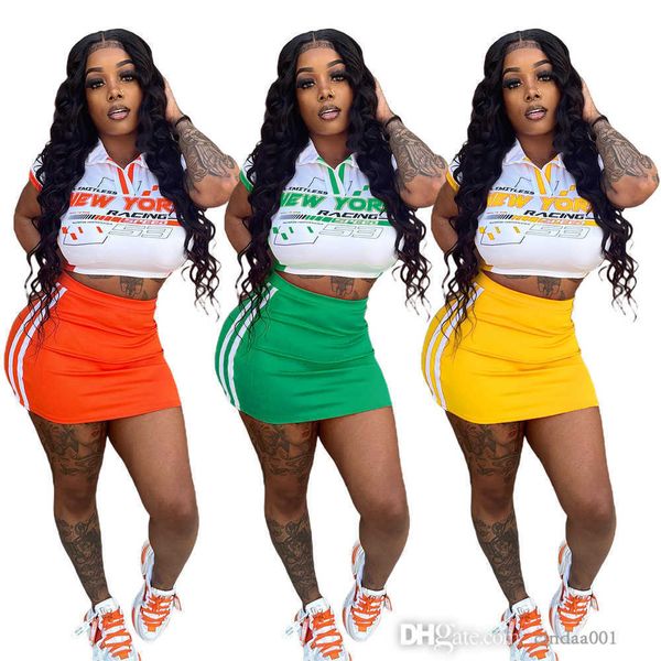 

summer slim fit shorts outfits new women two piece skirt set fashion print polo neck t-shirt sportwear, White
