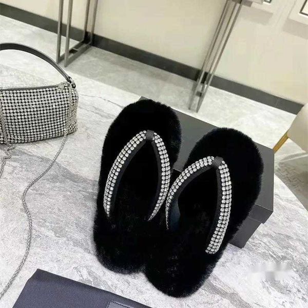 

designer winter slippers women diamond fur slides open toe flip flop rhinestone mules flats designer woman shoe, Black