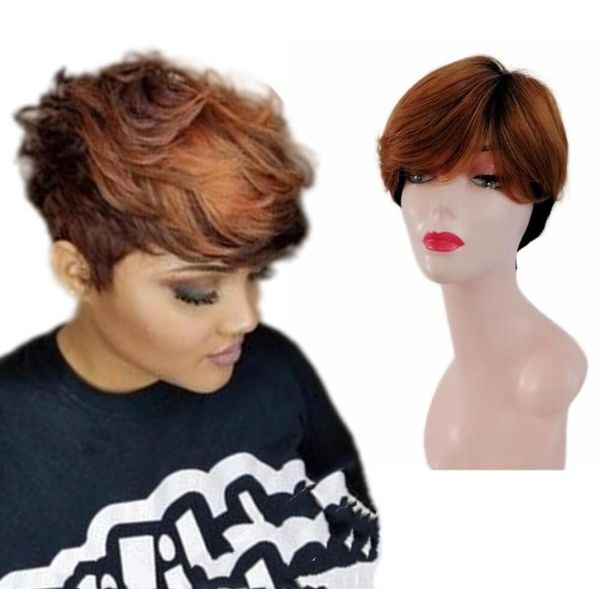 

short pixie cut wig human hair straight bob wigs with bangs full machine made wig for women black ombre1688914, Black;brown