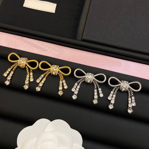 

new bow tassel earrings designer earrings high-end sweet flash diamonds temperament light luxury earrings jewellery, Silver