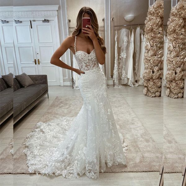 

white lace spaghetti mermaid wedding dresses see through wedding dress for women illusion bodice customized bridal gowns