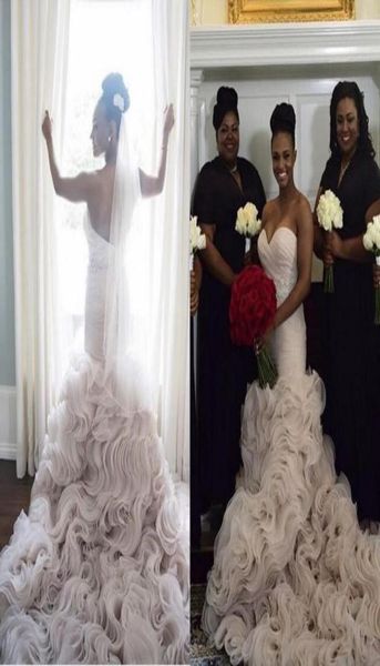 

luxury organza ruffles bottom wedding dresses 2016 backless mermaid with beaded sash black girl amazing trumpet beach bridal gowns6366484, White