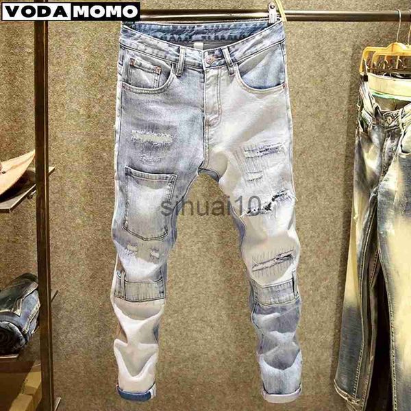 

men's jeans european jean men embroidery patchwork ripped jeans trend brand motorcycle pant mens skinny jeans pantnes hombre streetwear, Blue