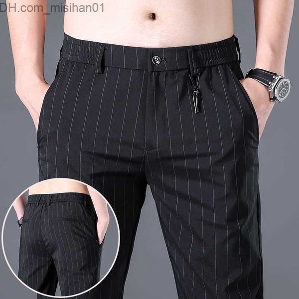 

men's pants spring and summer men's thin stripe business set street clothing men's elastic loose casual straight trousers 202, Black