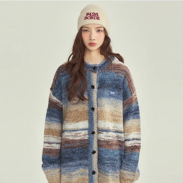 

women's knits tees national brand oil painting rainbow gradient sweater men and women 2023 spring autumn loose couple knitted cardigan, White