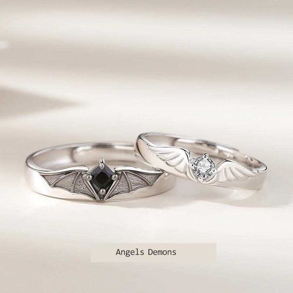 

dragon angel and demon coupe ring male and female pair of index finger ring small personality wings open pair ring, Silver