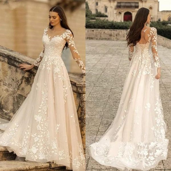 

elegant o-neck lace a line boho wedding dresses sheer long sleeves tulle applique sweep train wedding bride gowns with lace up bac260s, White