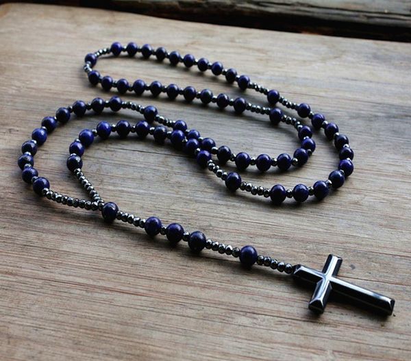 

6mm lapis lazuli stone bead & hematite pendant necklace for men women catholic christ rosary pendant v1912124214383, Silver