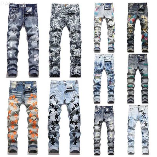 

men's designer jeans embroidery hip hop joker denim pants men broken hole patch elastic slim feet pencil trousers l230731, Blue