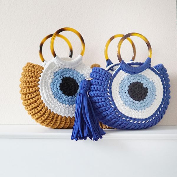

evening bags rope crochet handbags tassel eyes tote round handle clutch female handmade knitting yarn beach for women woven shoulder bag 230